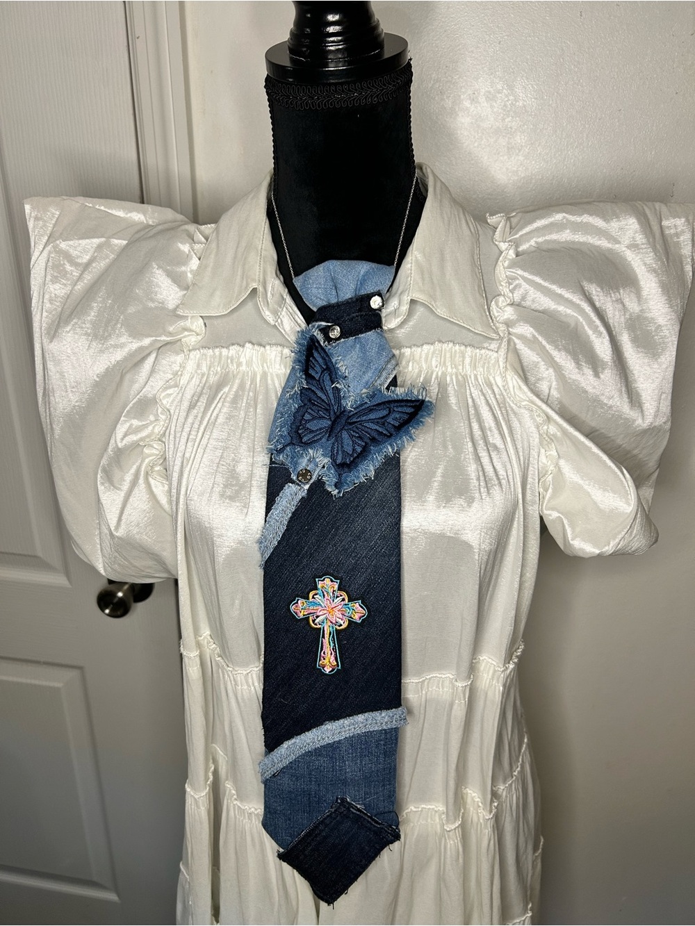 Handmade Denim Patchwork Tie with Butterfly & Cross - Blue